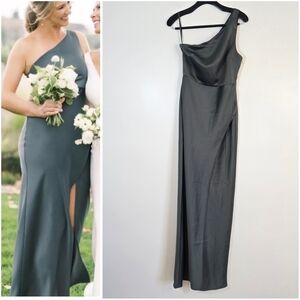 NWT BHLDN Anthropologie One Shoulder Stretch Satin Dylan Dress Dark Gree…